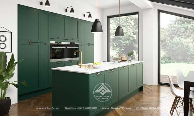Tủ bếp tông màu xanh đặc biệt được ưa chuộng trong phong cách tân cổ điển